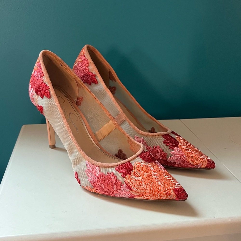 Pink and orange embroidered heels - Picture 2 of 5